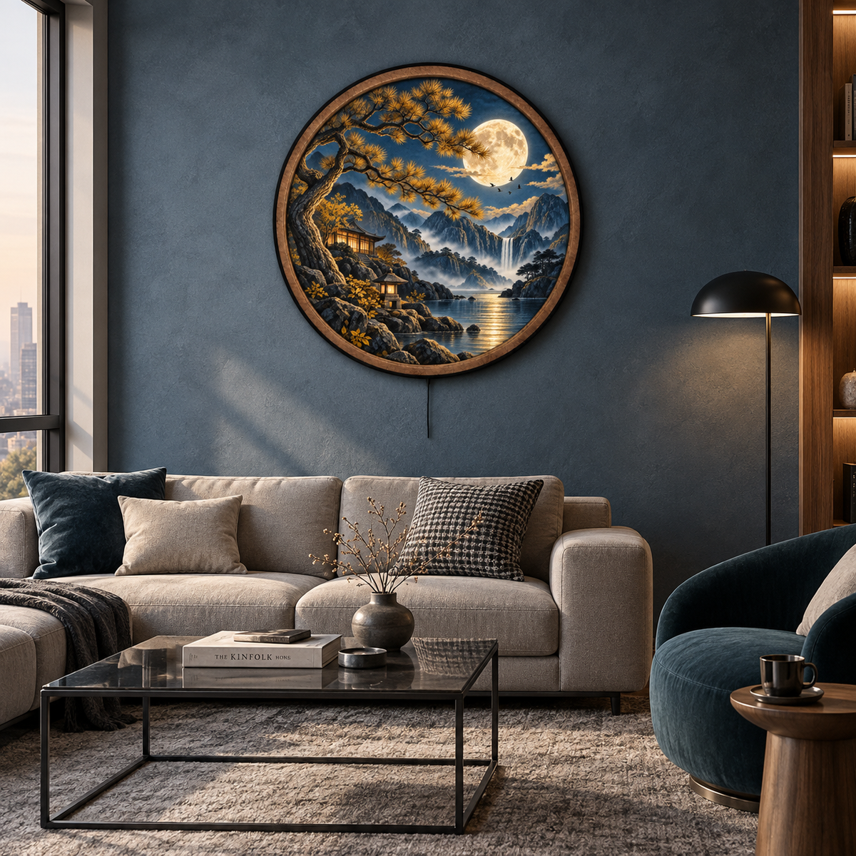 Golden Pine Sanctuary LED Wall Art – Moonlit Mountain Landscape
