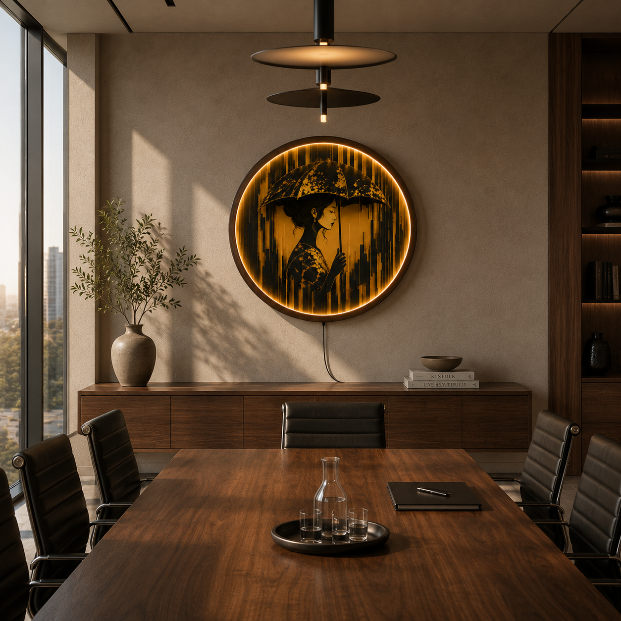Golden Serenity LED Wall Art | Elegant Woman Under Umbrella Round Lighted Wall Decor | Warm LED Ambient Light
