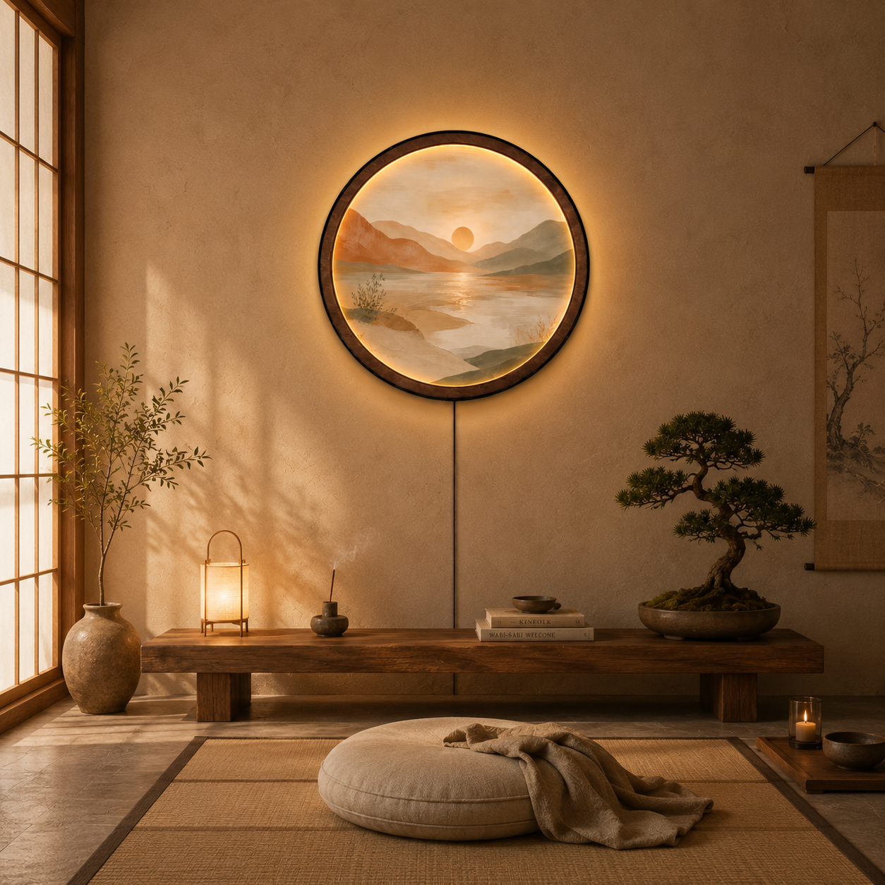 Desert Sunset Lake LED Wall Lamp | Boho Wood Art Decor