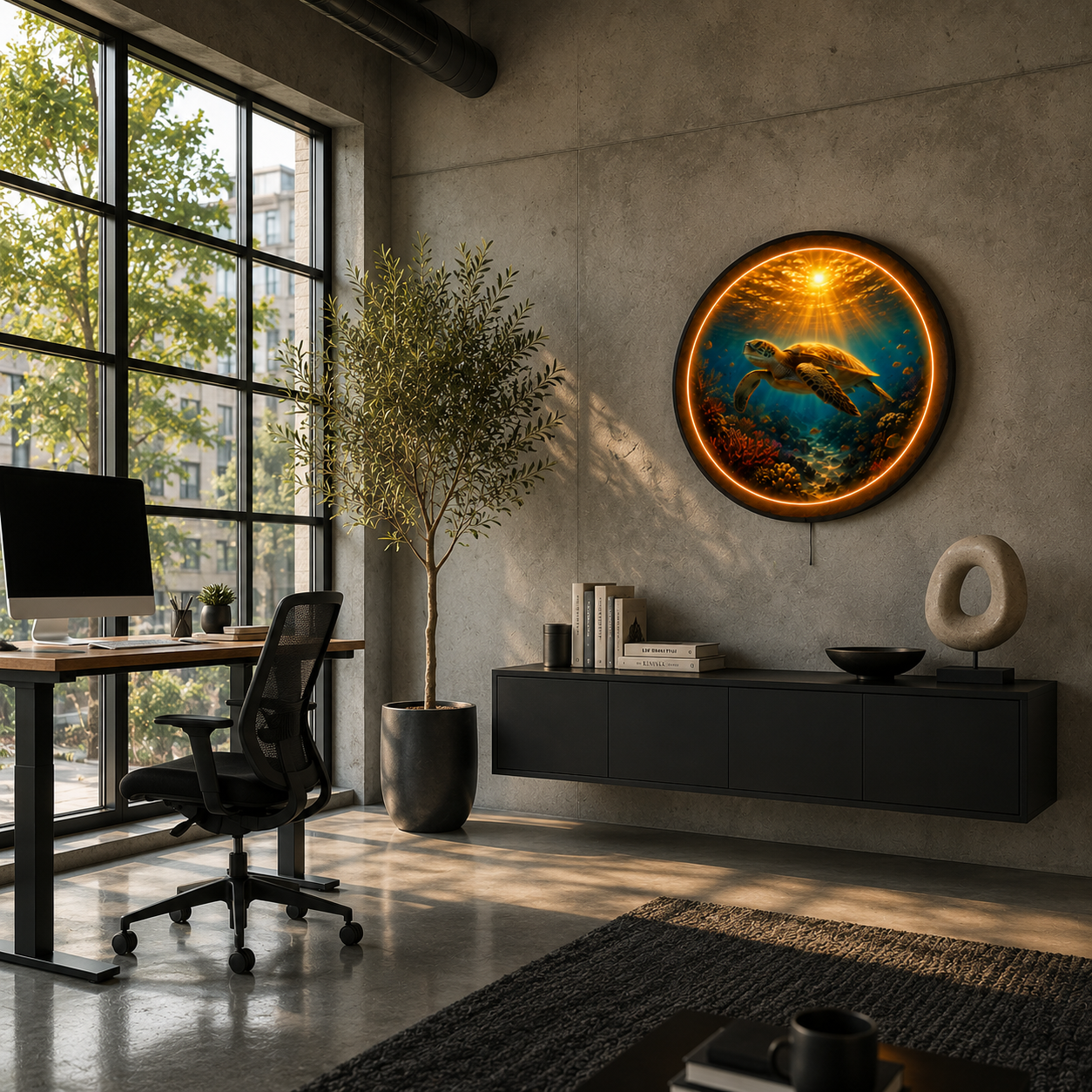 Ocean Sea Turtle LED Wall Art – Coastal Sunset Round Illuminated Decor