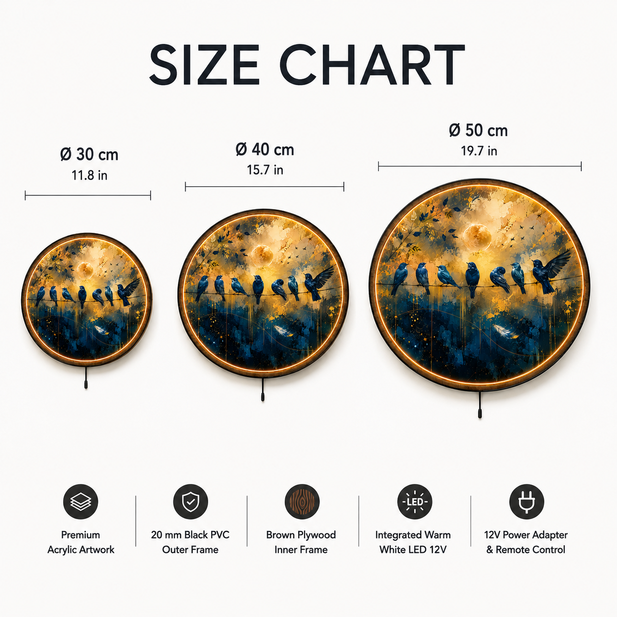 Golden Chorus LED Wall Art – Blue Birds & Golden Moon Decor