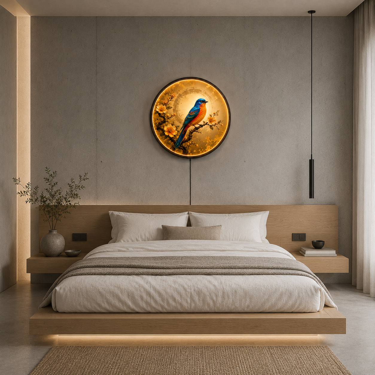 Bluebird Blossom LED Wall Art – Round Illuminated Nature Wall Decor