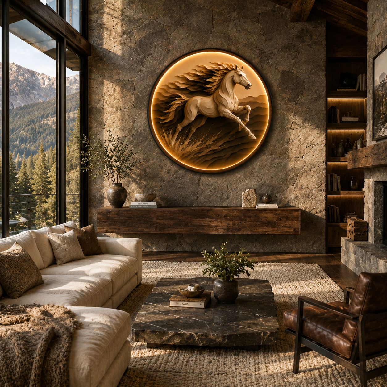 Majestic Running Horse LED Wall Art – Round Illuminated Wall Decor