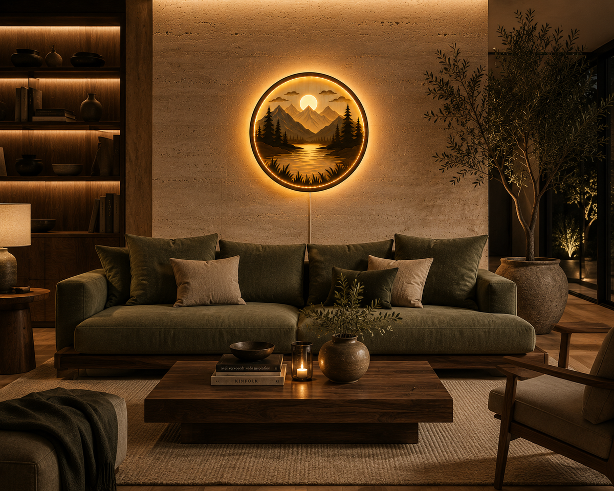 Handcrafted Wood Art Light - 3D Layered Mountain & Lake Design - Warm LED Backlight