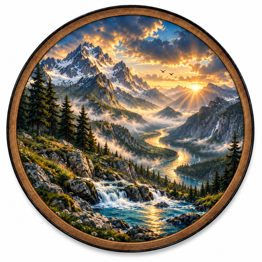 Golden Alpine River LED Wall Art – Mountain Sunrise Landscape Decor