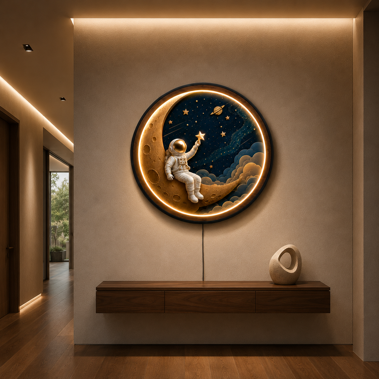 Dream Explorer LED Wall Art | Astronaut on Crescent Moon Round Illuminated Wall Decor | Warm LED Ambient Light
