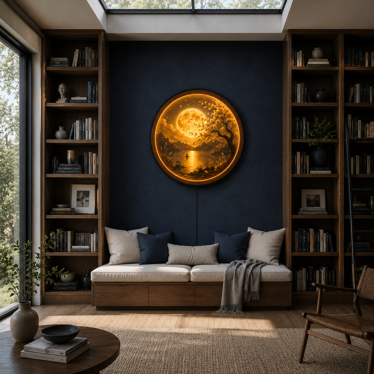 Golden Moon Bonsai LED Wall Art – Illuminated Landscape Decor