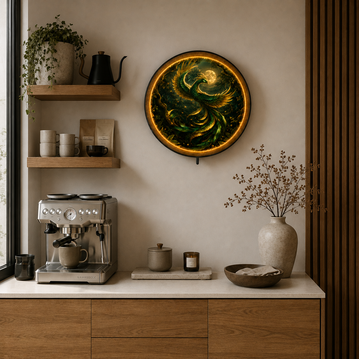 Emerald Phoenix Moon LED Wall Art – Illuminated Fantasy Decor