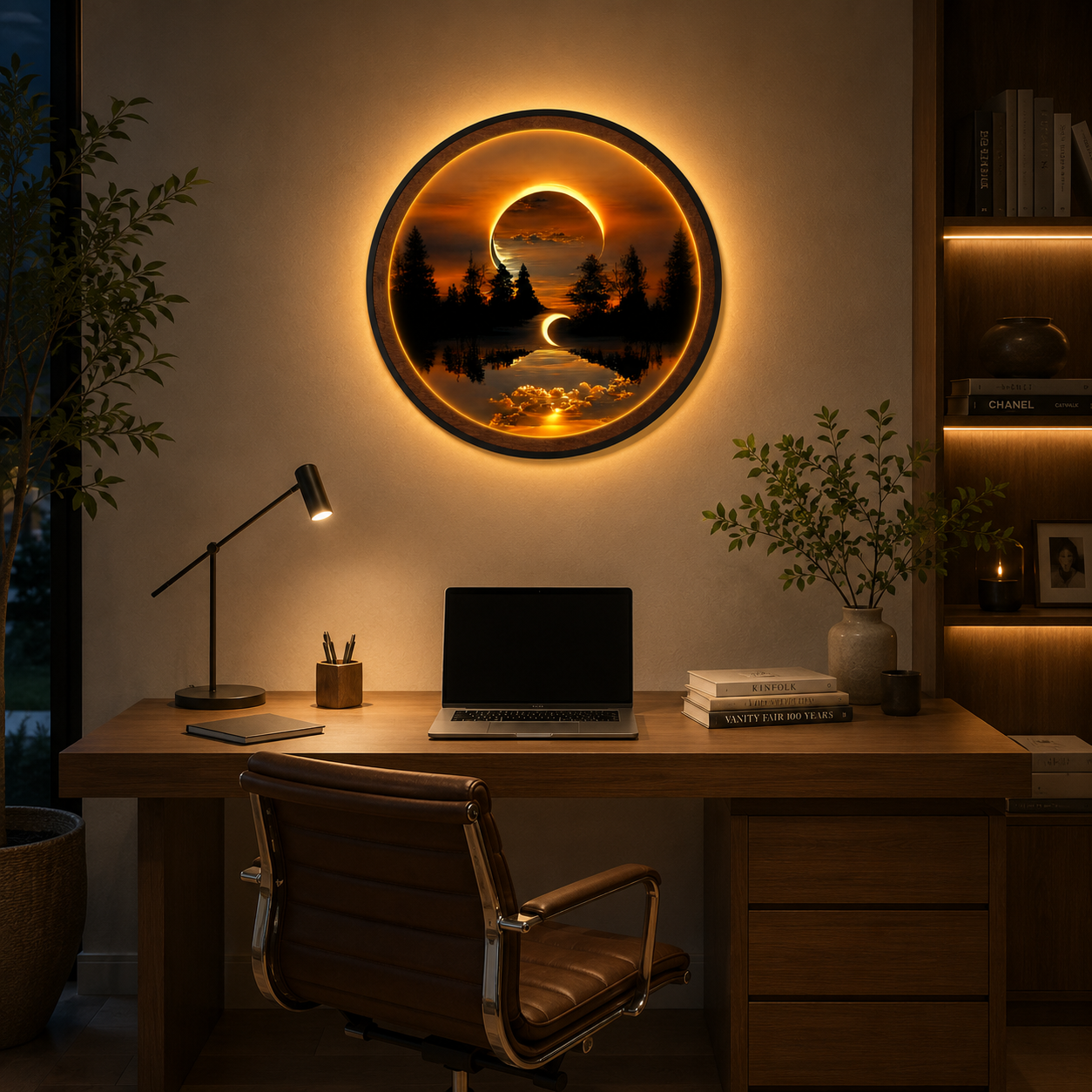 Wood Carved Solar Eclipse Forest Lake LED Wall Lamp | Crescent Moon Night Light Wall Art