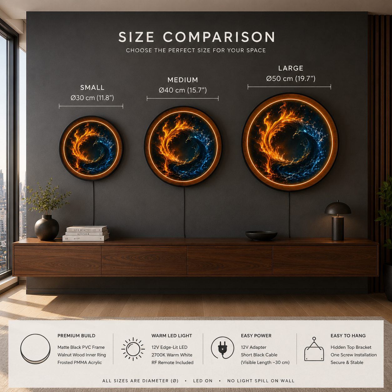 Elemental Yin Yang LED Wall Art | Fire & Water Energy Decor
