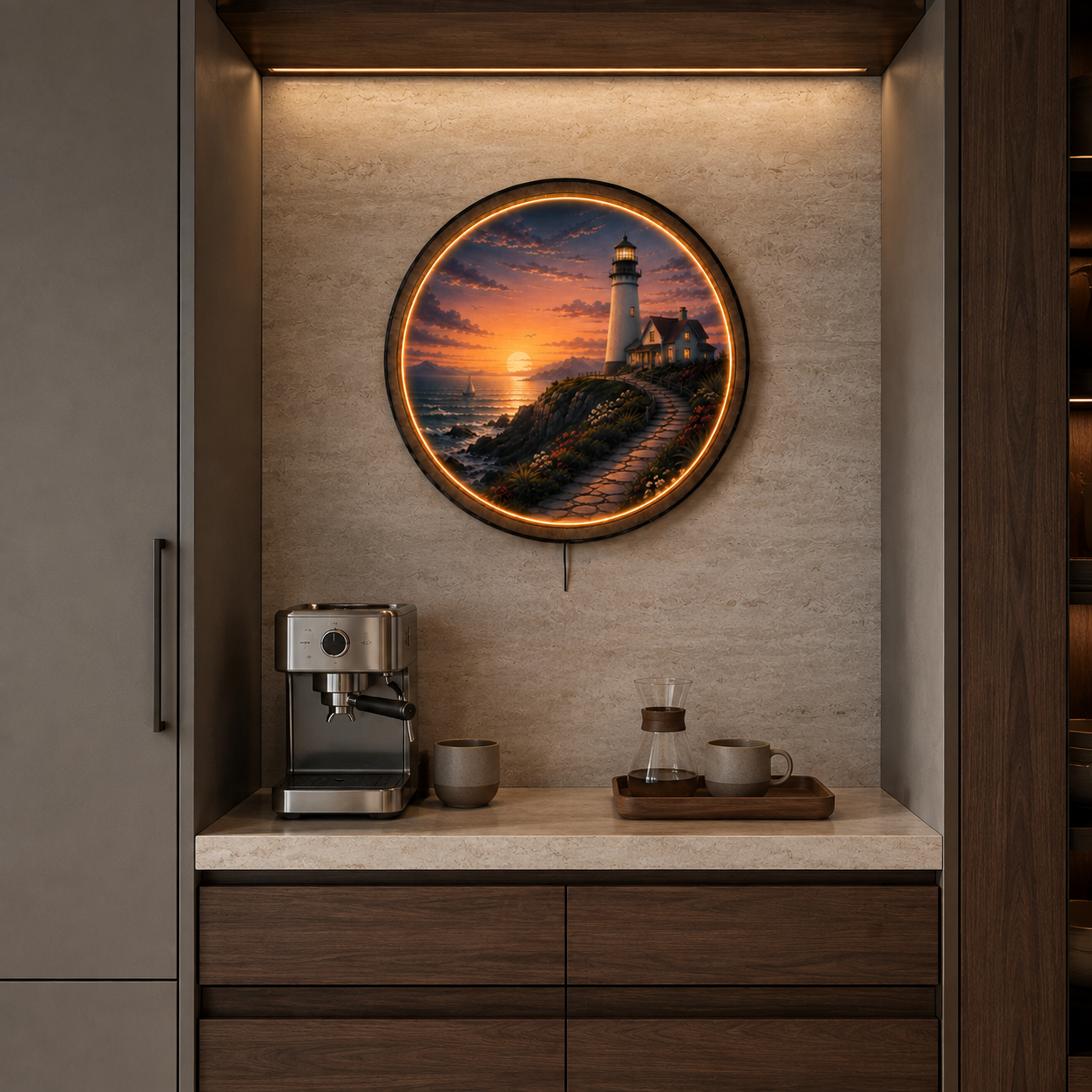 Harbor Light LED Wall Art – Coastal Lighthouse Sunset