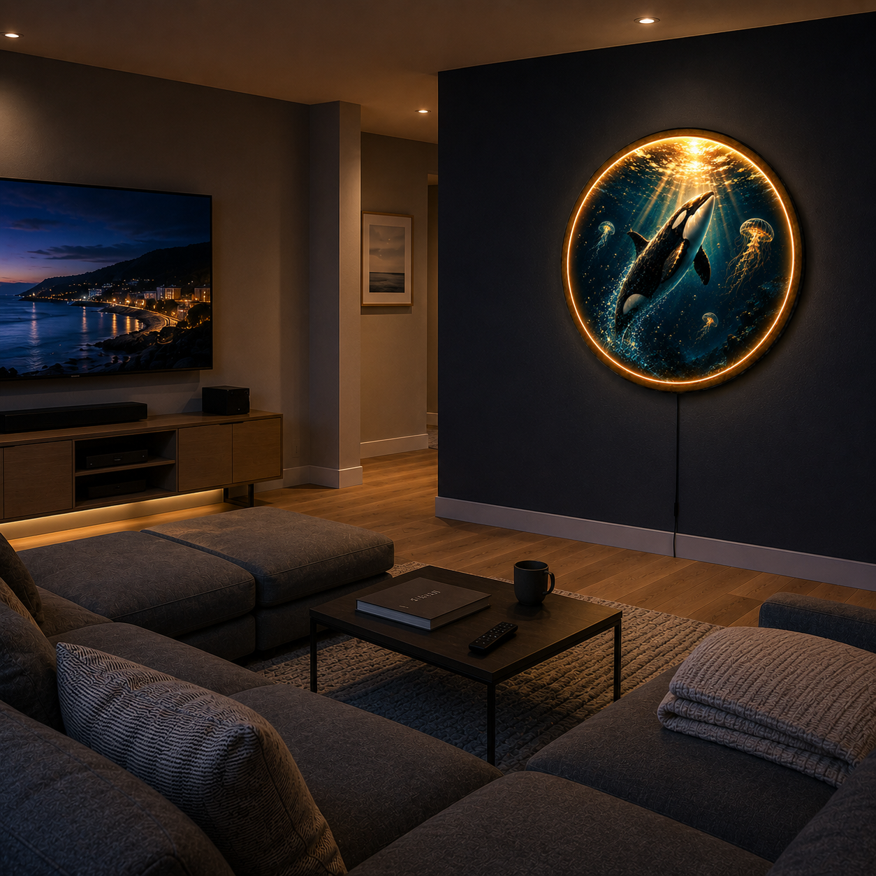 Golden Depths Orca LED Wall Art – Ocean Whale & Jellyfish Decor