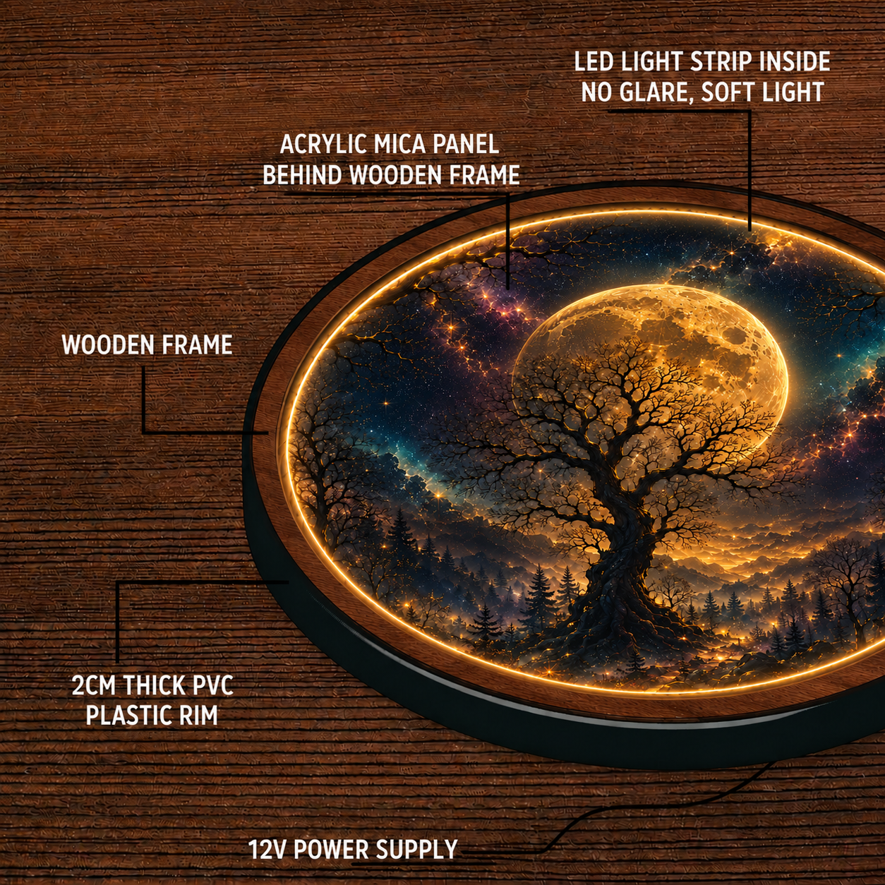 Celestial Moon Tree LED Wall Art – Illuminated Fantasy Acrylic Wall Decor