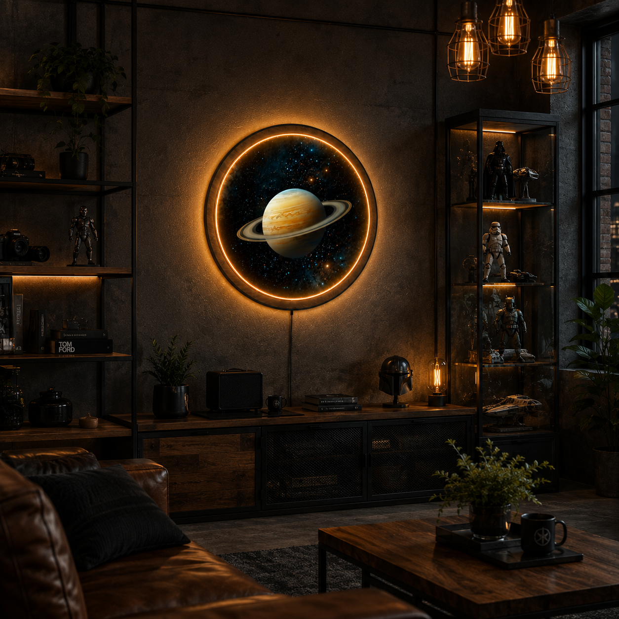 Saturn LED Wall Art Light – Circular Wooden Frame Space Decor Lamp