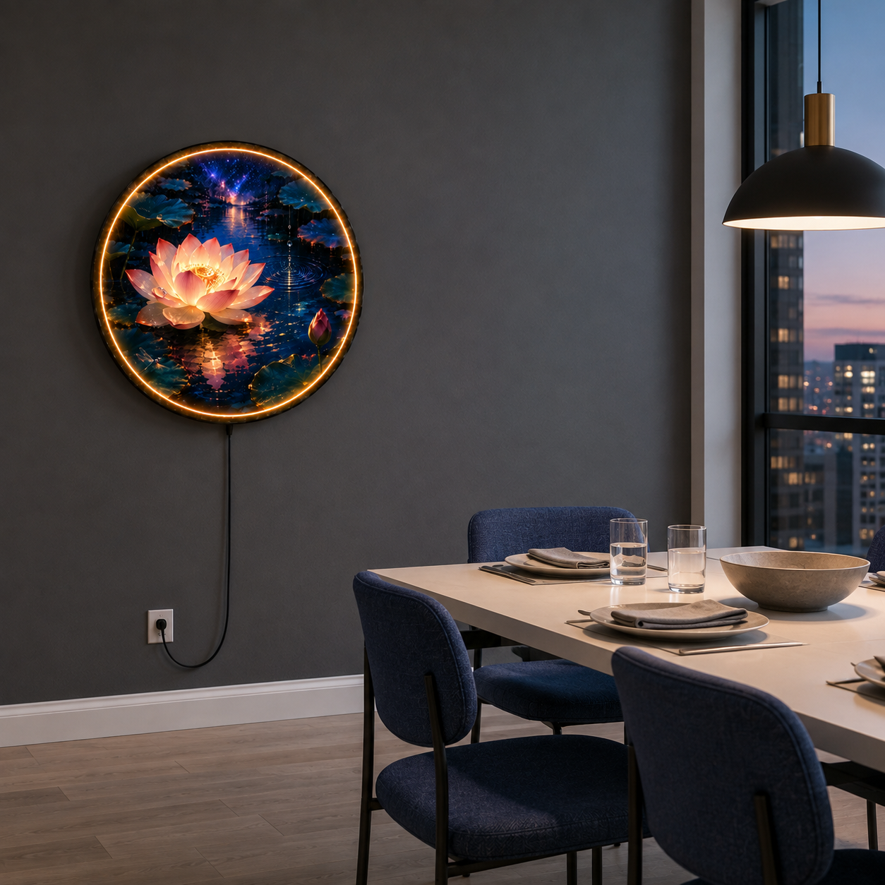 Midnight Lotus – Luminous Dew LED Wall Art