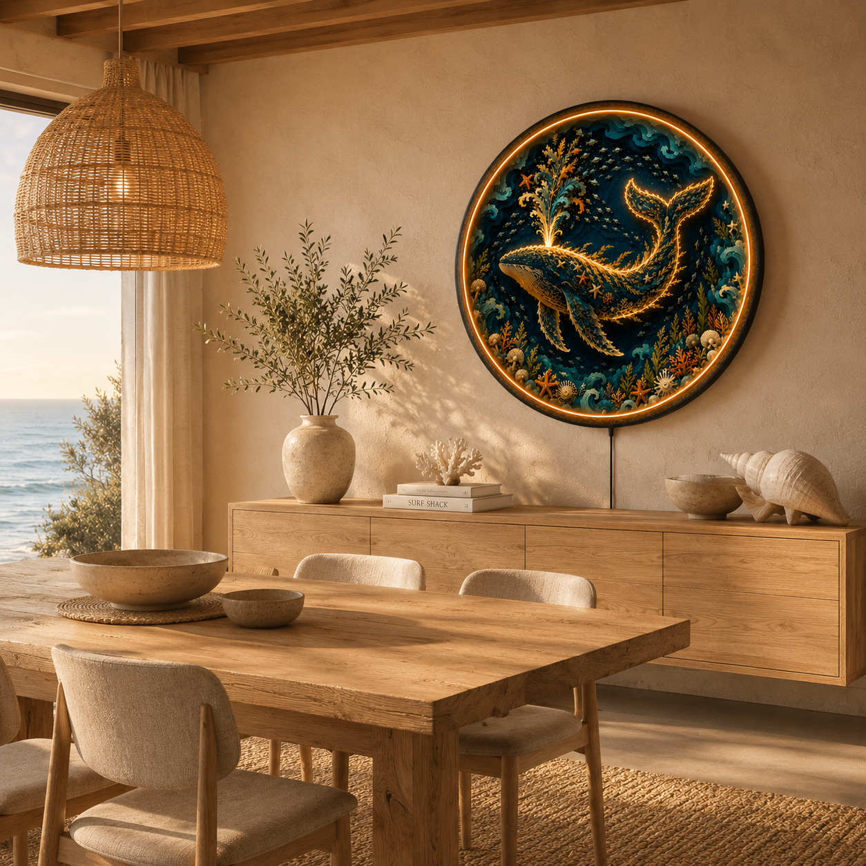 Majestic Ocean Whale LED Wall Art – Round Wooden Coastal Light Decor