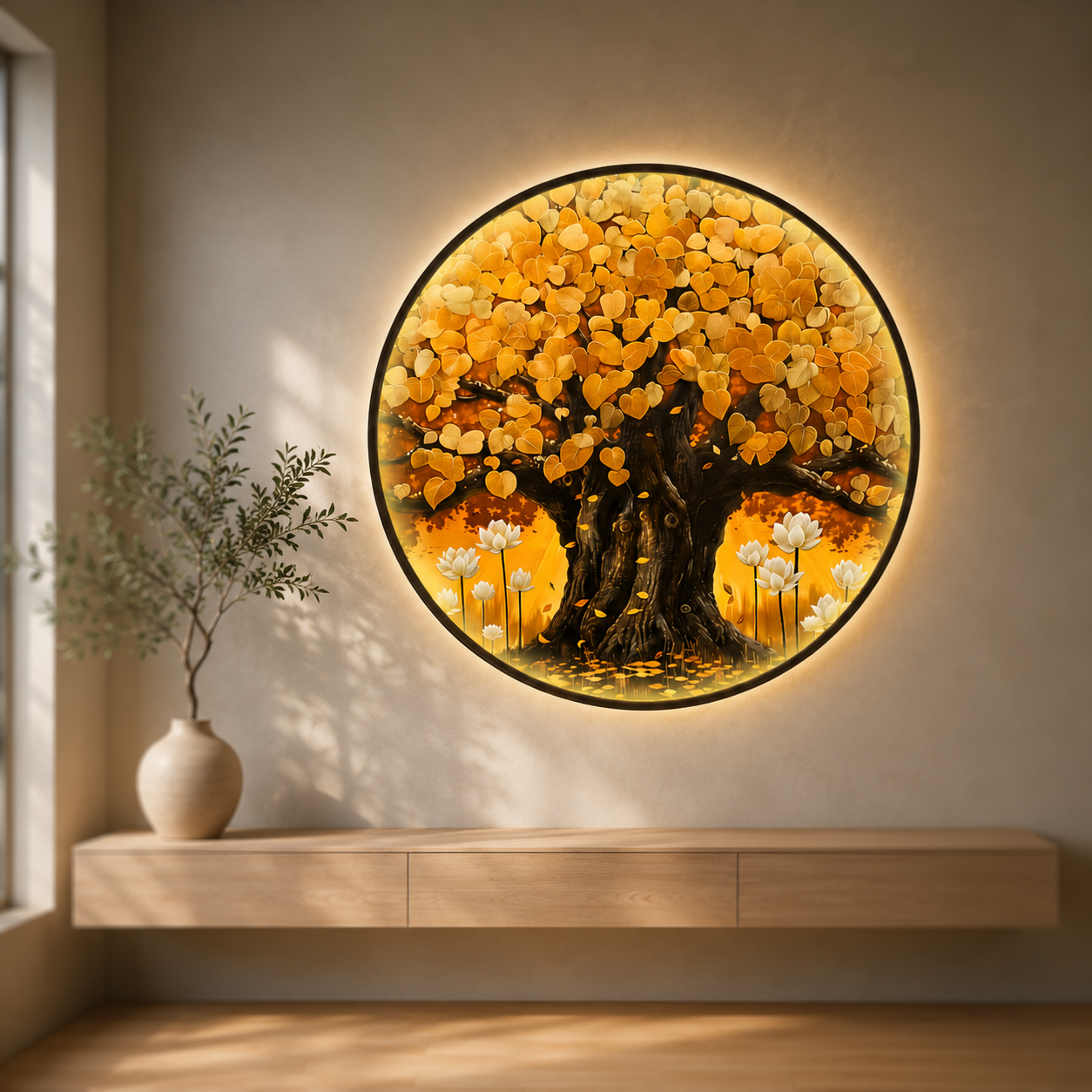 Golden Tree of Life LED Wall Art - Round Wooden Wall Decor with Lotus Flowers & Backlit LED