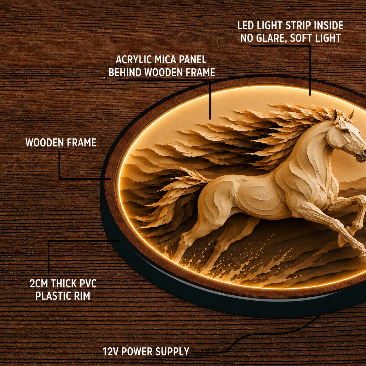 Majestic Running Horse LED Wall Art – Round Illuminated Wall Decor