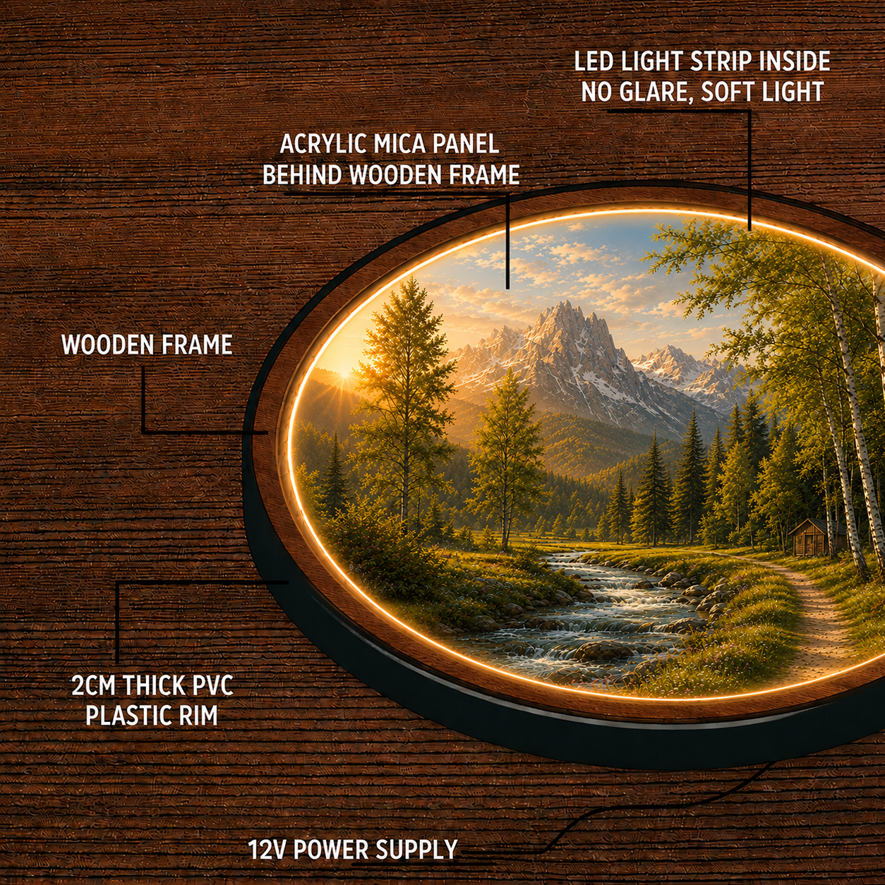 Mountain Sunrise LED Wall Art – Alpine River Round Lighted Decor