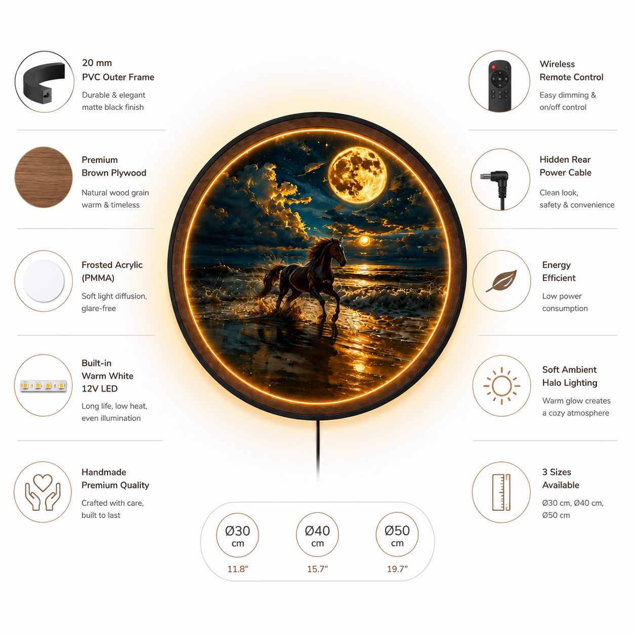 Wood Carved Horse Moonlit Beach LED Wall Lamp | Galloping Horse Night Light Wall Art