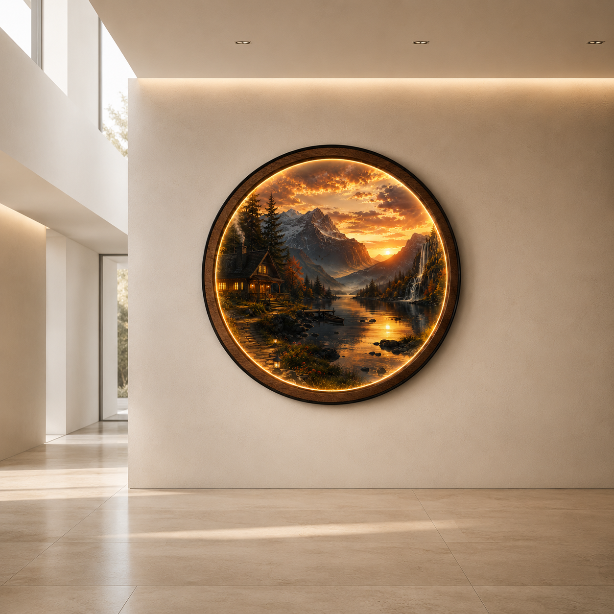 Mountain Cabin LED Wall Art – Sunset Lake Landscape Wall Decor