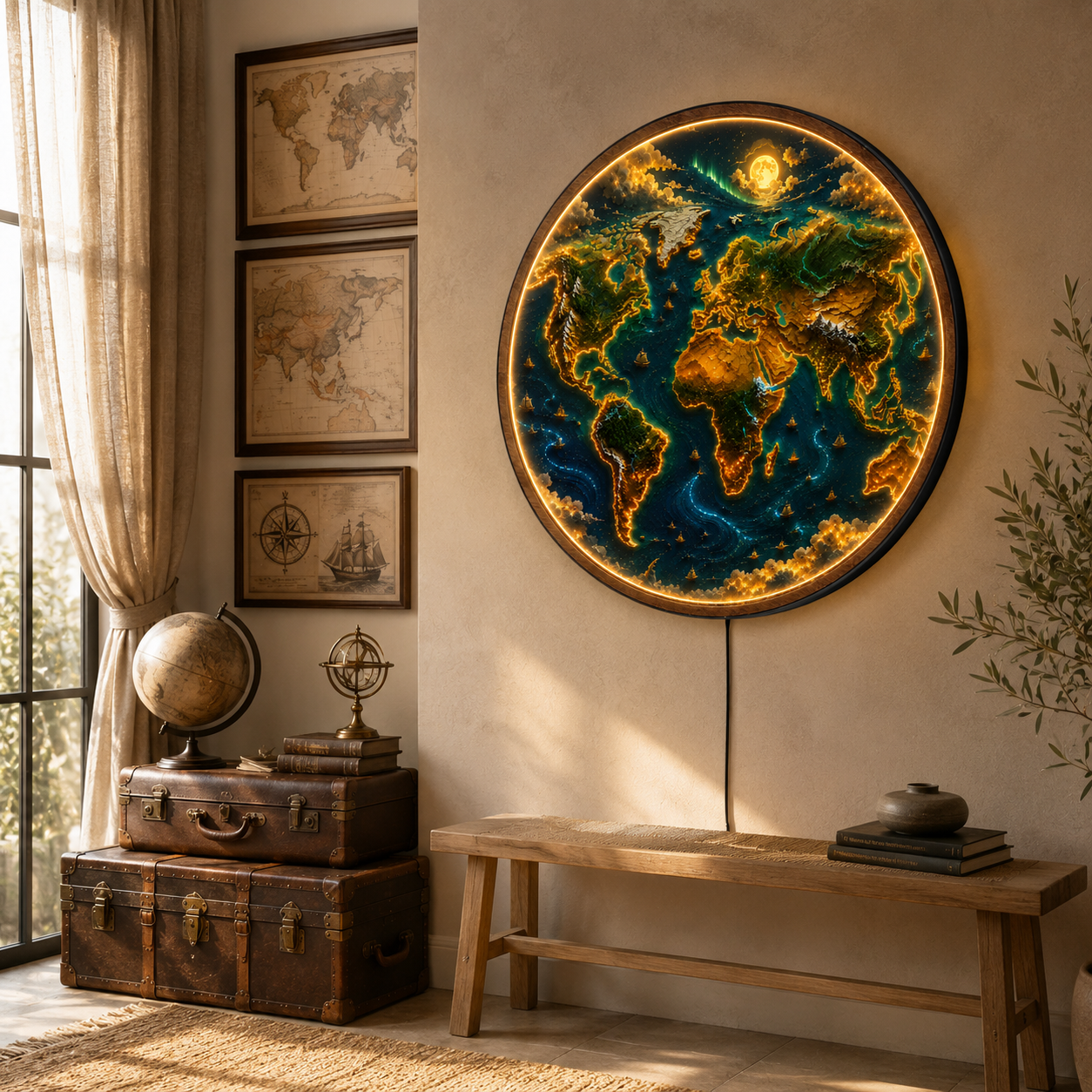 Illuminated World Map LED Wall Art | Round Acrylic Wall Light | Travel-Inspired Home Decor