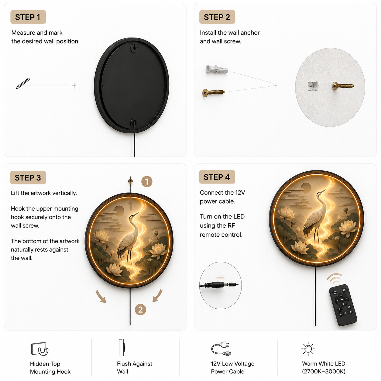 Lotus Serenity Crane LED Wall Art – Round Zen Wooden Light Decor