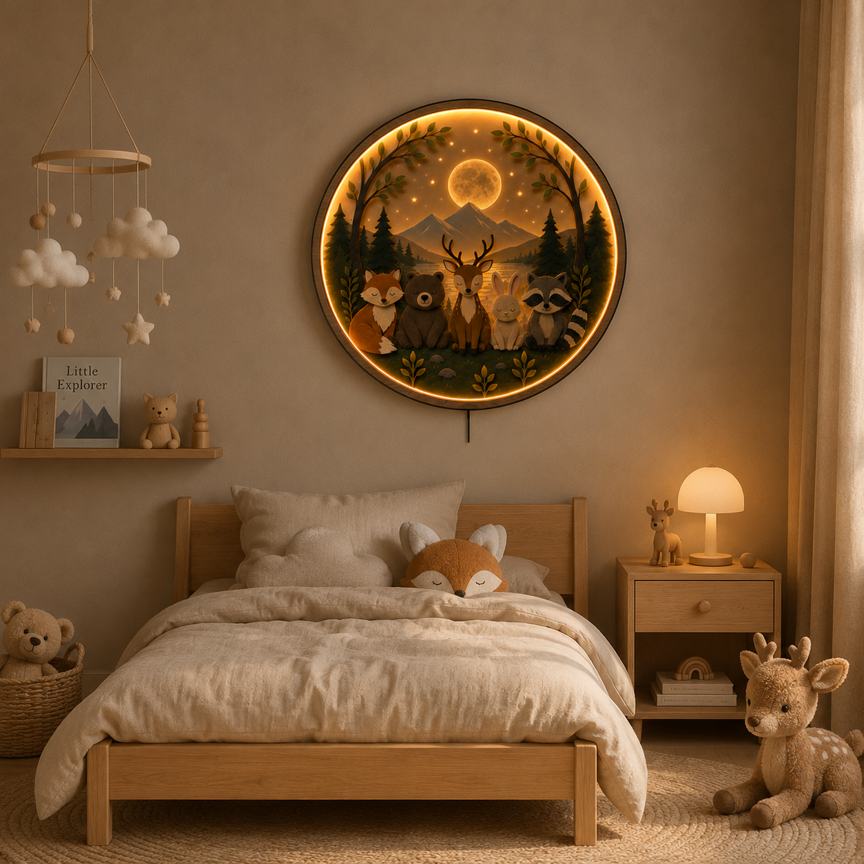 Woodland Friends LED Wall Art Light – Forest Animal Nursery Decor | Round Acrylic Wall Lamp