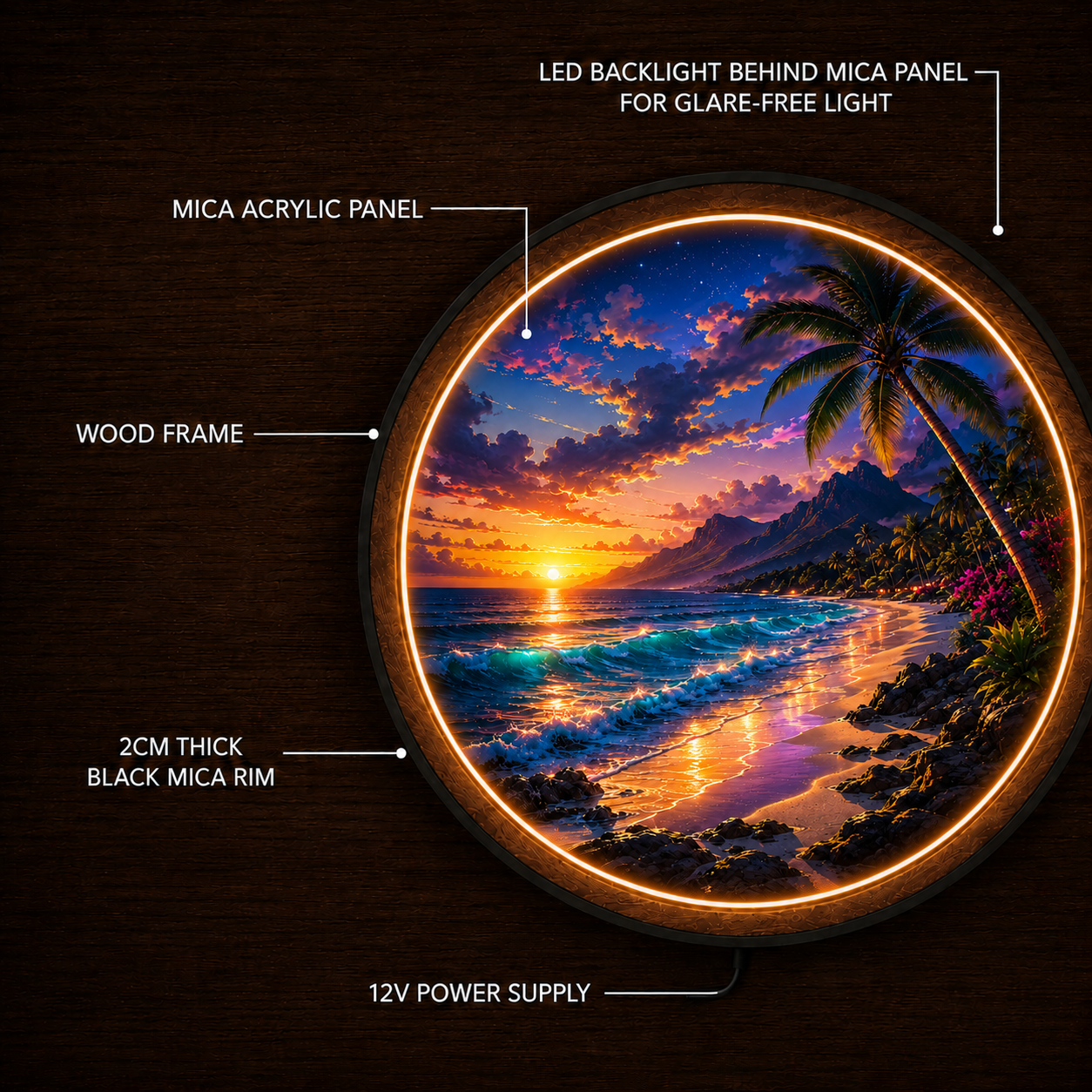 Tropical Sunset LED Wall Art | Circular Palm Tree Beach Sign, Ocean Wave Neon Decor