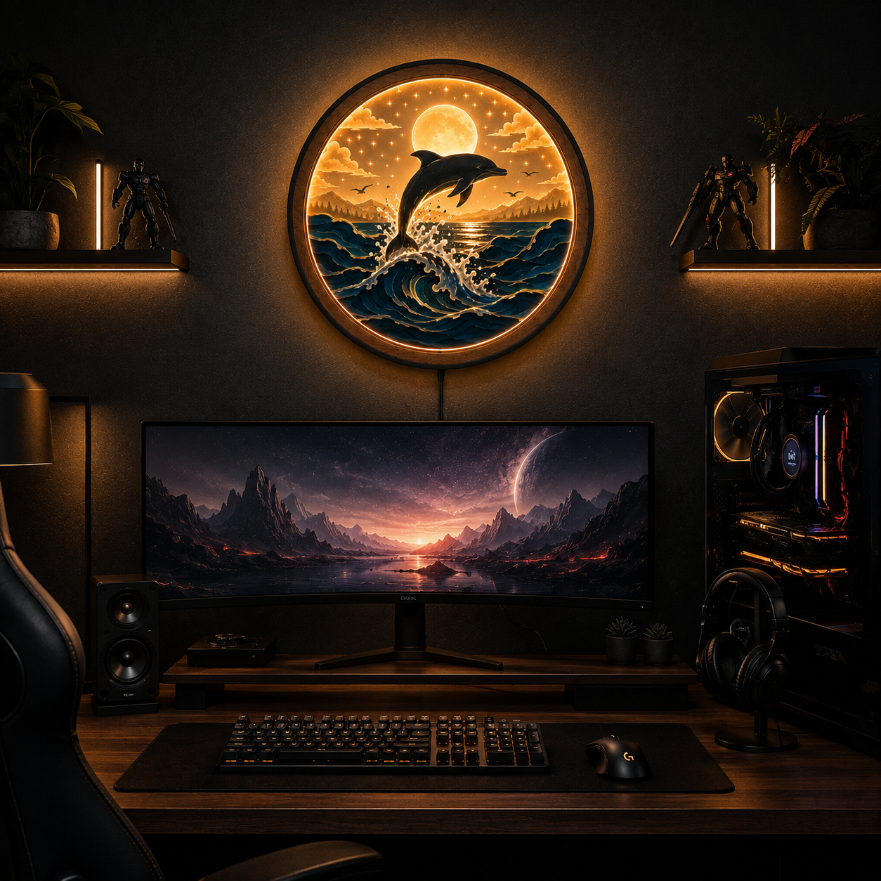 Wood Carved Dolphin Ocean Wave LED Wall Lamp | Handmade Night Light Wall Art