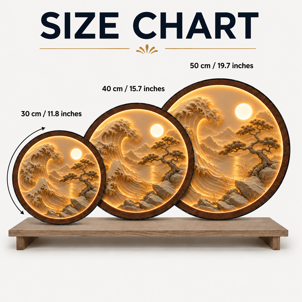 Japanese Wave & Bonsai LED Wall Art – Round Illuminated Acrylic Decor