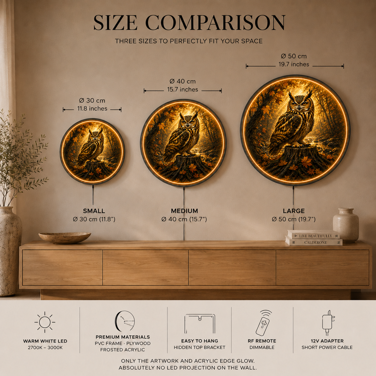 Owl LED Wall Art – Round Illuminated Acrylic Forest Wildlife Decor