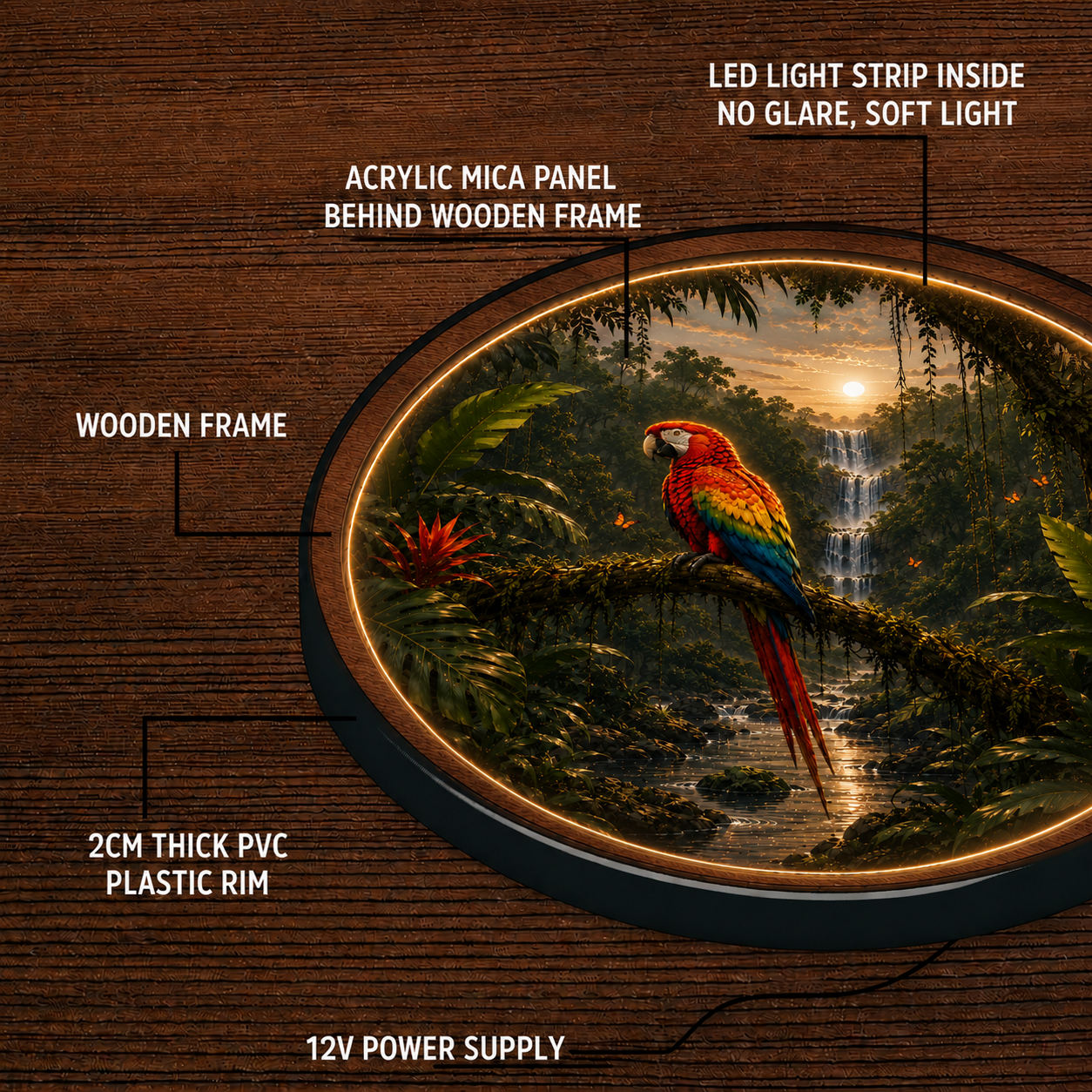 Tropical Macaw LED Wall Art – Rainforest Waterfall Lighted Decor