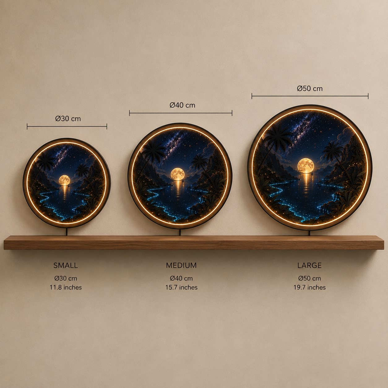 Moonlit Paradise Round LED Wall Art – Acrylic LED Wall Decor with Wooden Frame