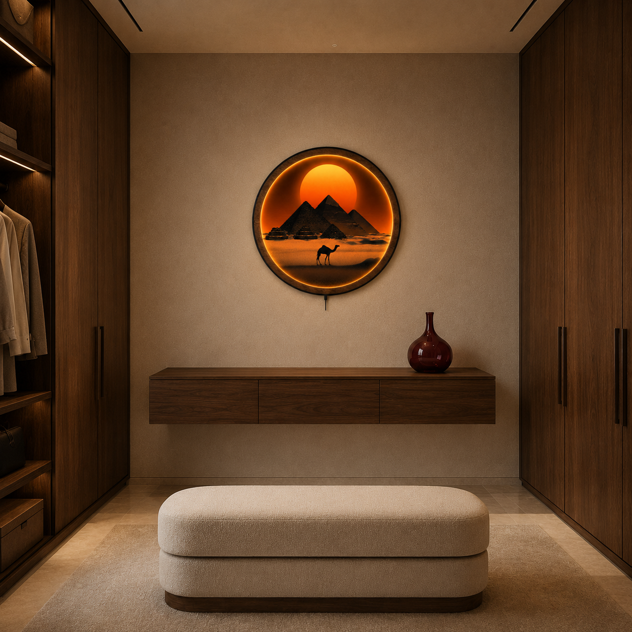 Desert Sunset Pyramid LED Wall Lamp – Wooden Frame Wall Art