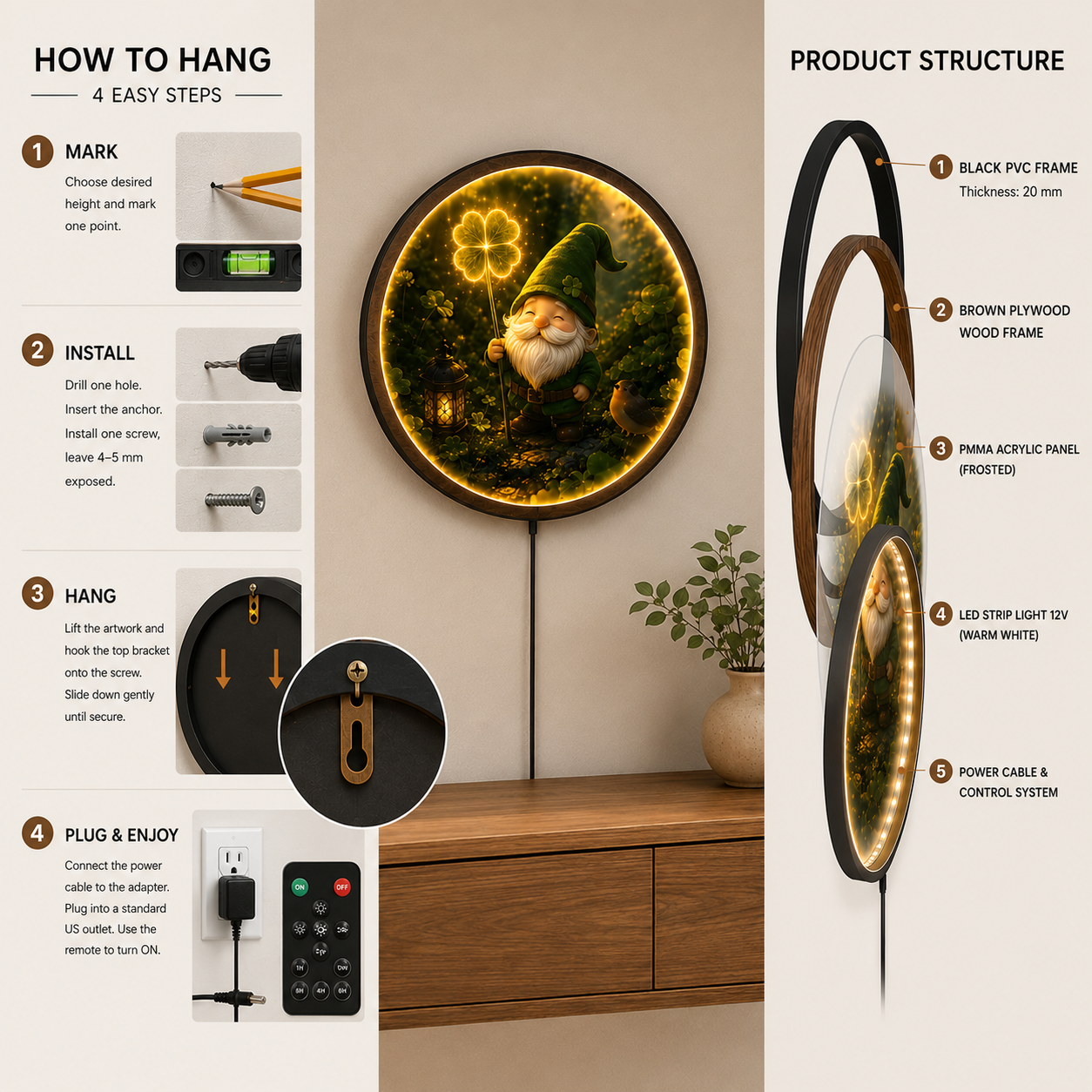 Lucky Gnome Clover LED Wall Art – Round Illuminated Acrylic Decor