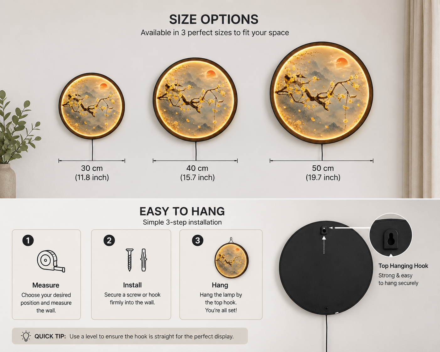 Golden Plum Blossom Mountain LED Wall Art – Round Illuminated Nature Decor