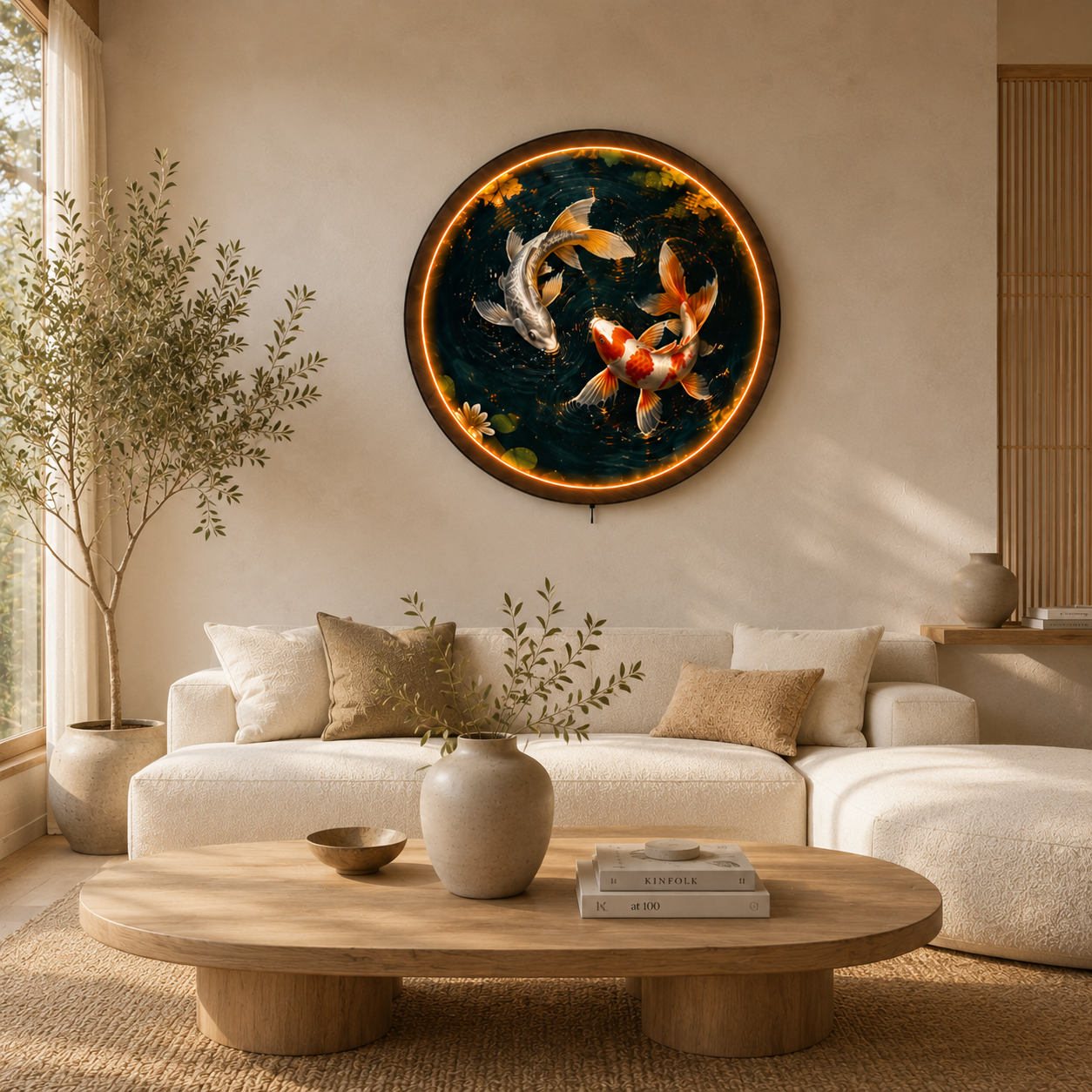 Yin Yang Koi Fish LED Wall Art | Round Illuminated Zen Wall Decor with Remote | Warm Ambient Light