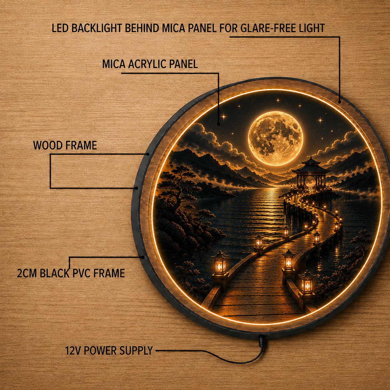 Moonlit Pavilion LED Wall Art – Illuminated Asian Landscape Decor