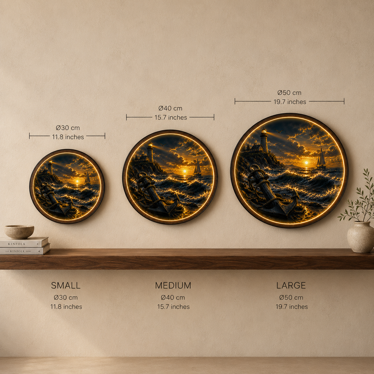Beacon of Hope Round LED Wall Art | Lighthouse Sunset Acrylic Wall Decor with Wooden Frame