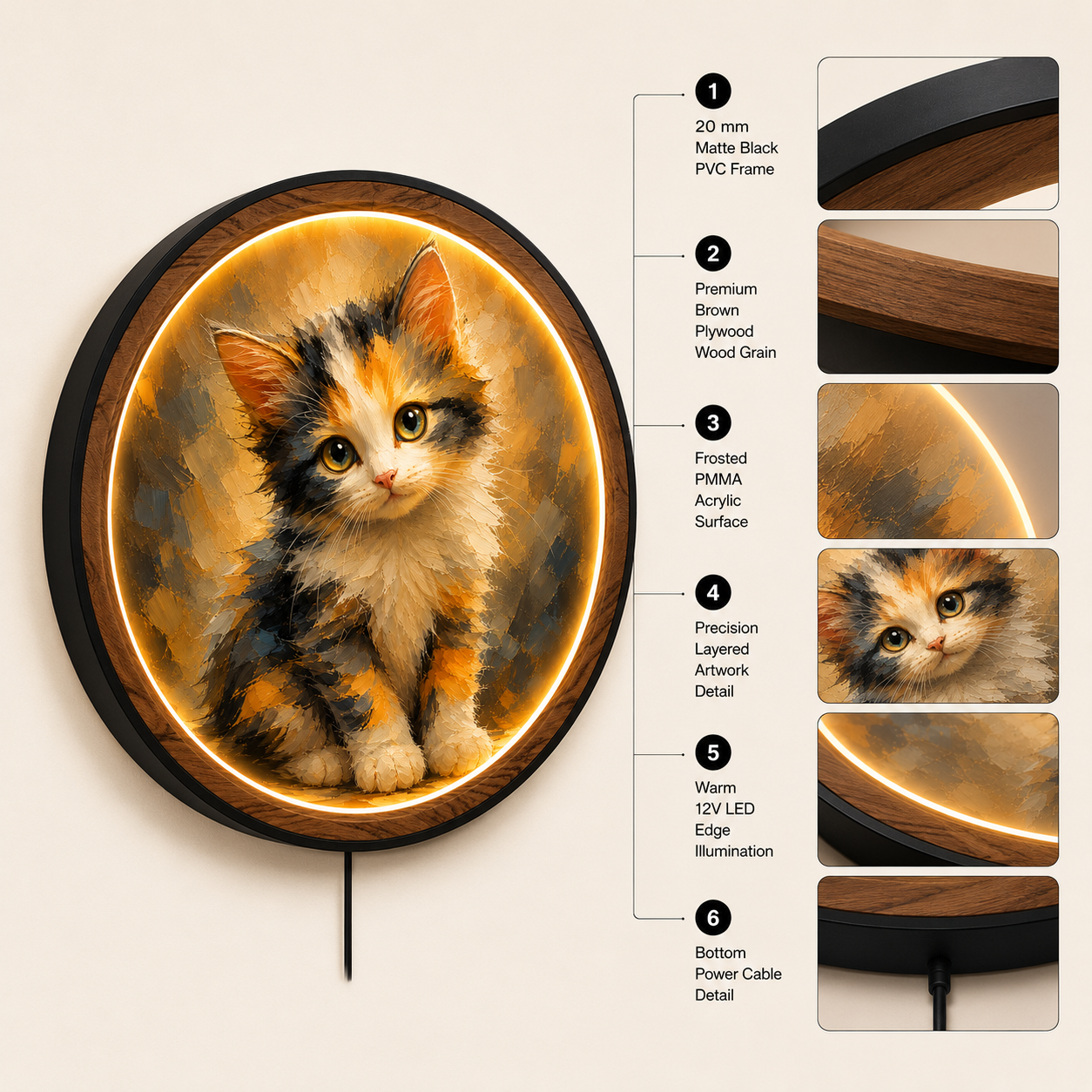 Cute Calico Kitten LED Wall Art Light – Round Acrylic Decor with Wooden Frame