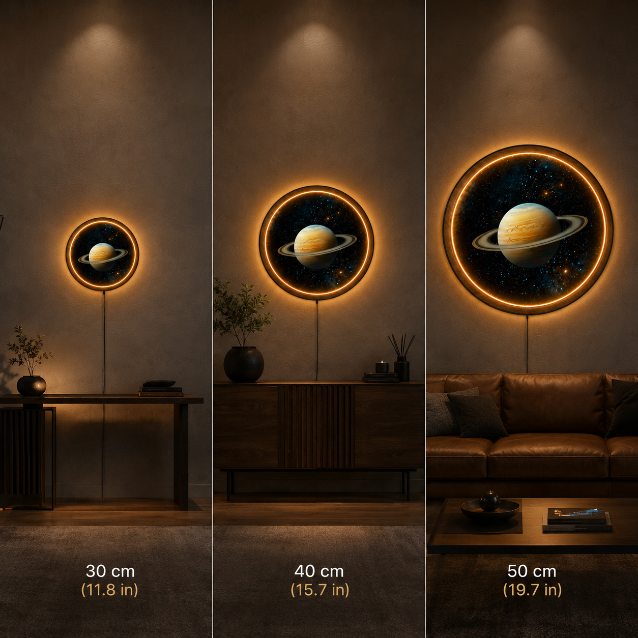 Saturn LED Wall Art Light – Circular Wooden Frame Space Decor Lamp