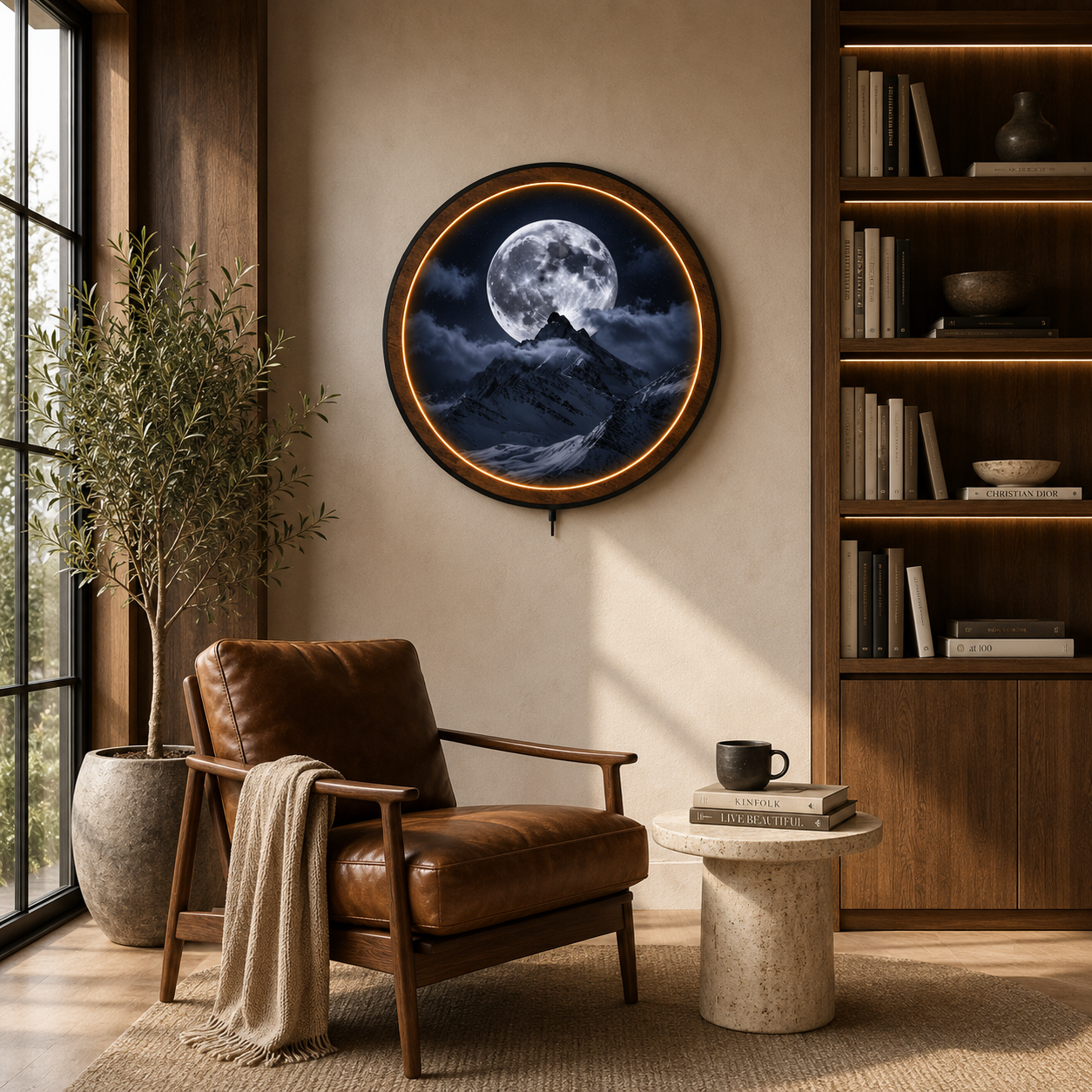 Moon & Snow Mountain Night Sky Print -Circular LED Wall Decor Light - Remote Control
