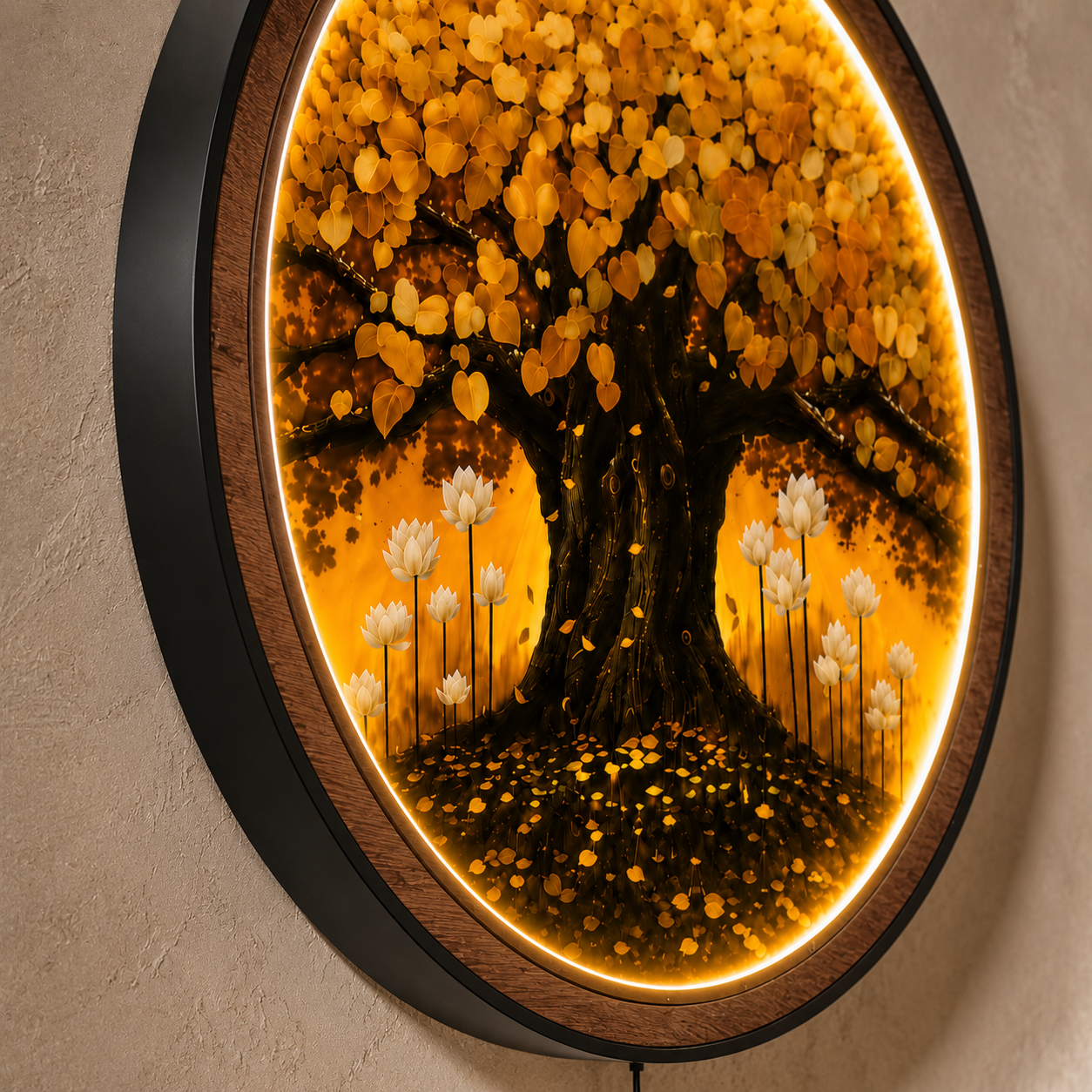 Golden Tree of Life LED Wall Art - Round Wooden Wall Decor with Lotus Flowers & Backlit LED