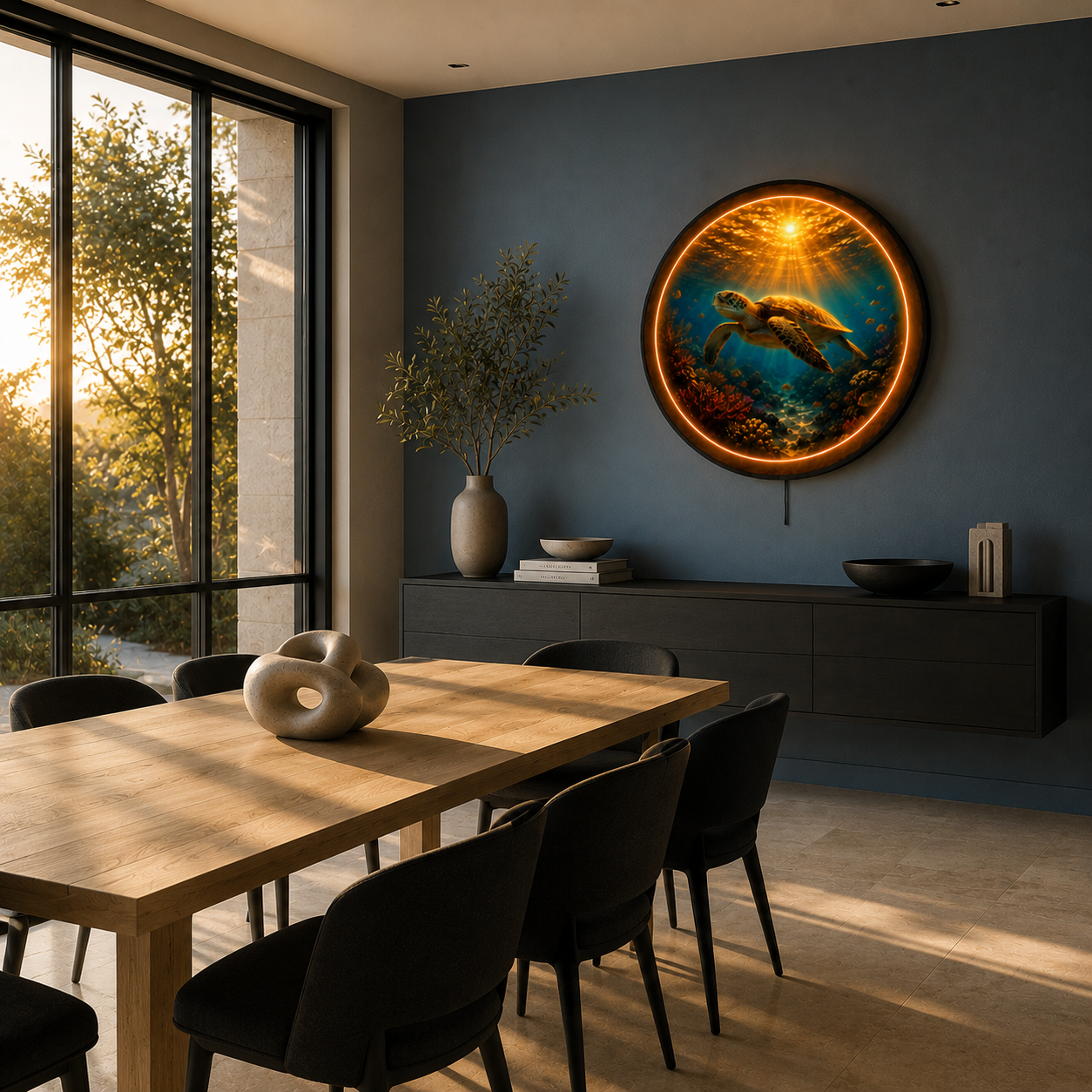 Ocean Sea Turtle LED Wall Art – Coastal Sunset Round Illuminated Decor