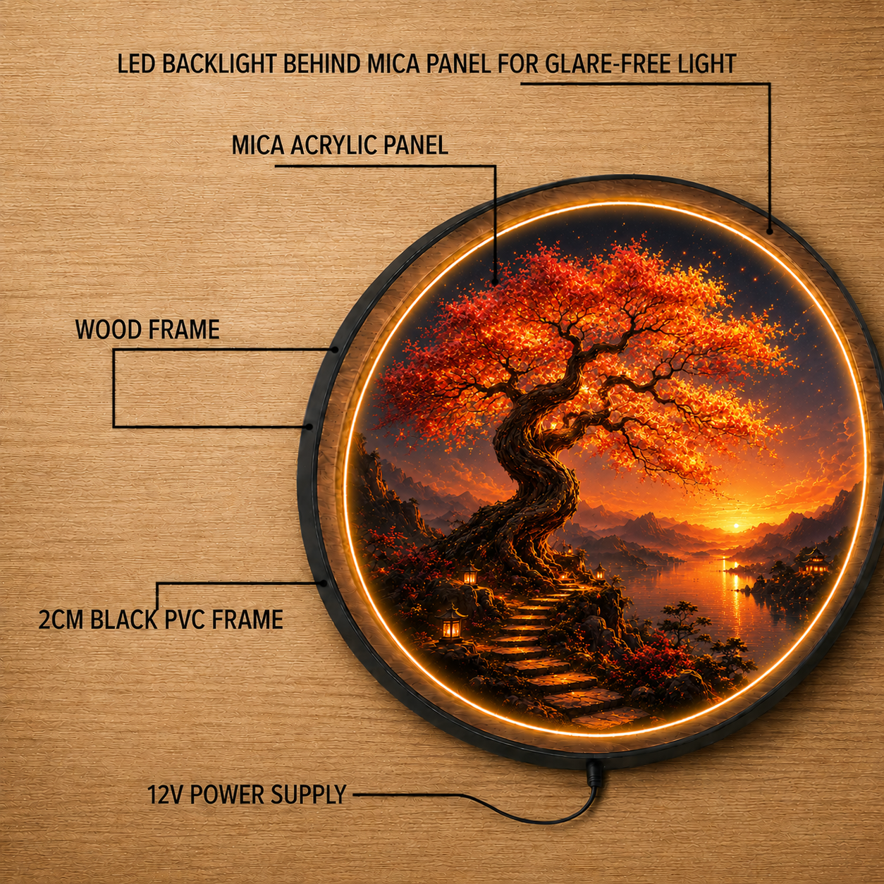 Fiery Bonsai Sunset LED Wall Art – Luxury Nature Acrylic Decor