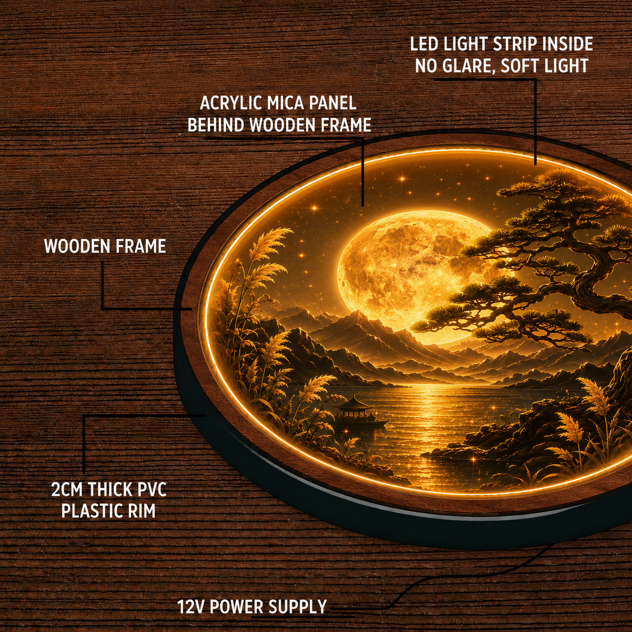 Golden Moon Bonsai LED Wall Art – Illuminated Landscape Decor