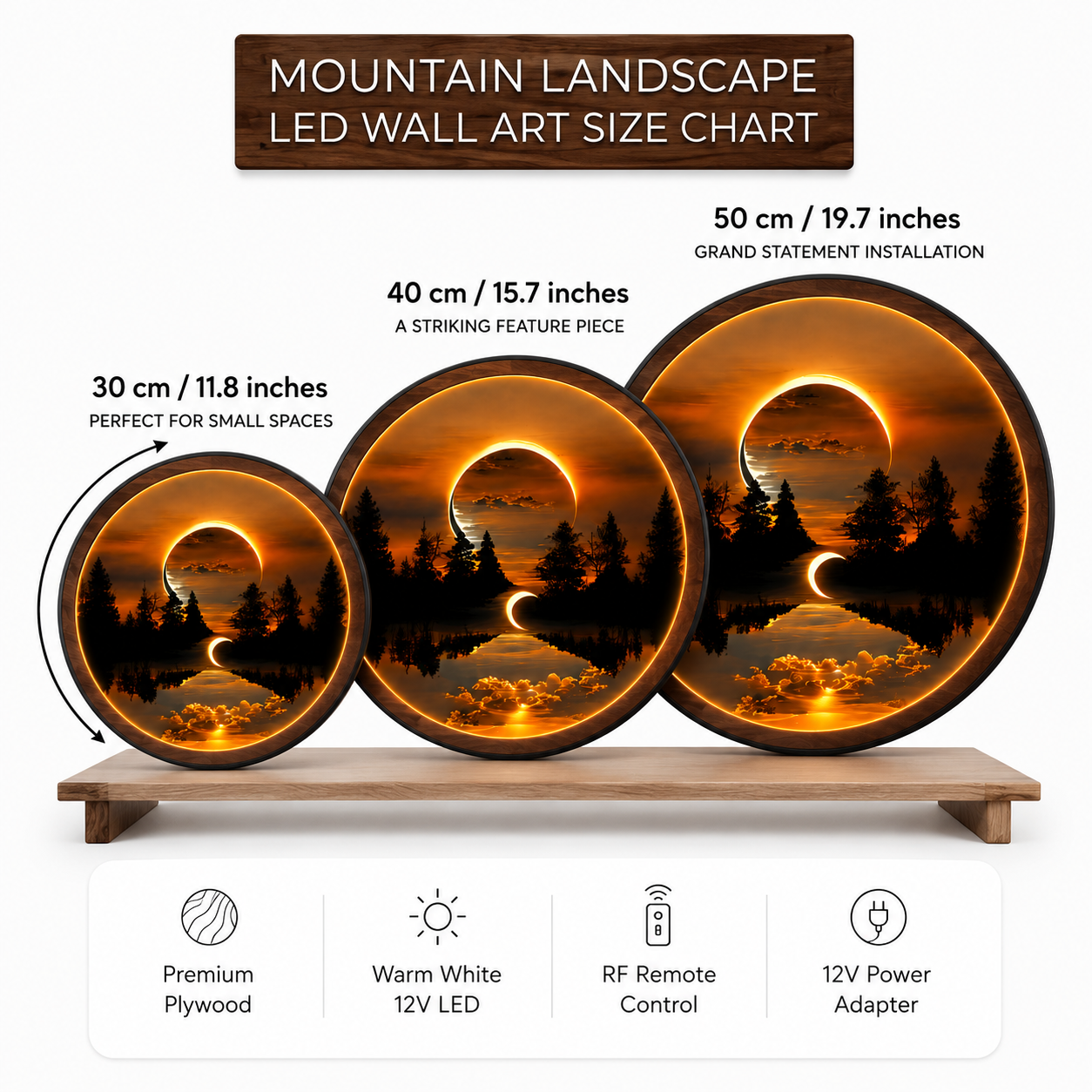Wood Carved Solar Eclipse Forest Lake LED Wall Lamp | Crescent Moon Night Light Wall Art