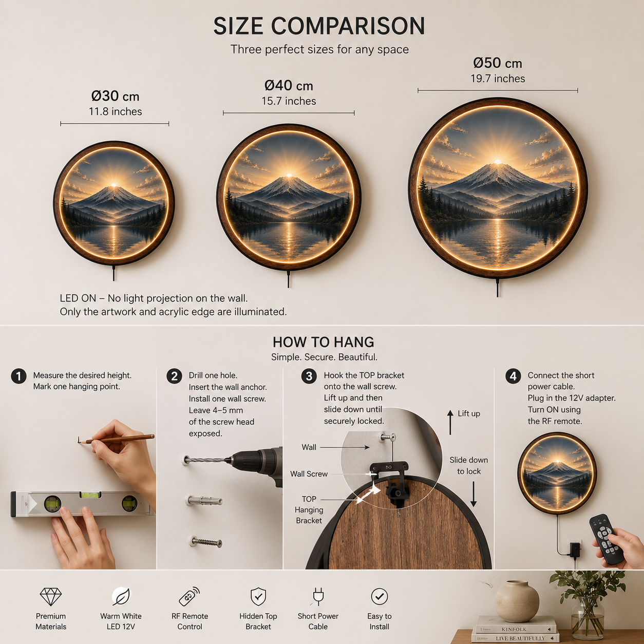 Mount Fuji Sunrise LED Wall Art – Round Illuminated Acrylic Decor