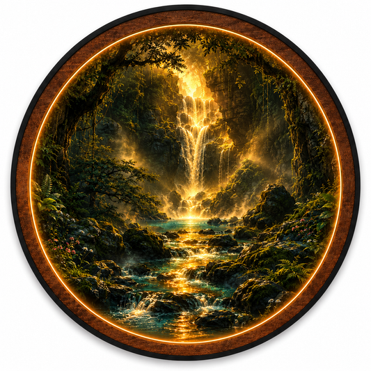 Golden Forest Waterfall LED Wall Art – Round Illuminated Wooden Wall Decor